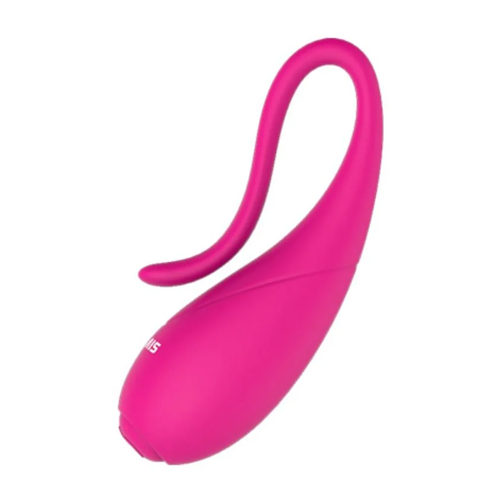 Pince vibrante rose bonbon en silicone avec corps arqué et queue recourbée, sur fond blanc