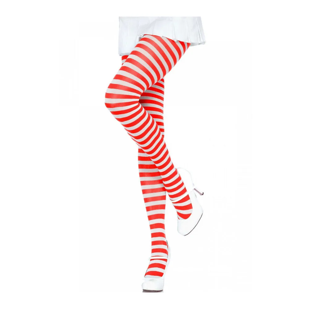 Collants à rayures horizontales rouge et blanc, présentés sur forme de jambes avec short rouge, fond blanc