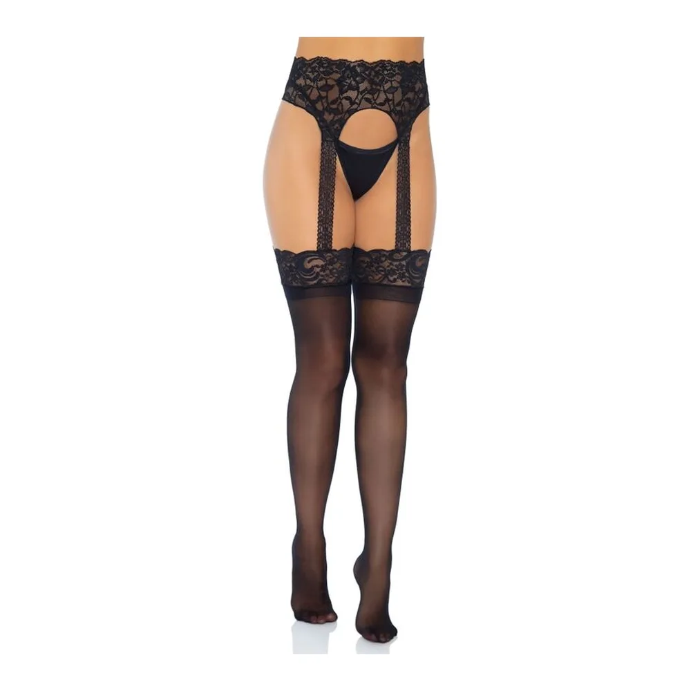 Bas opaques noirs avec porte-jarretelles assorti taille haute en dentelle, vue de face sur fond blanc