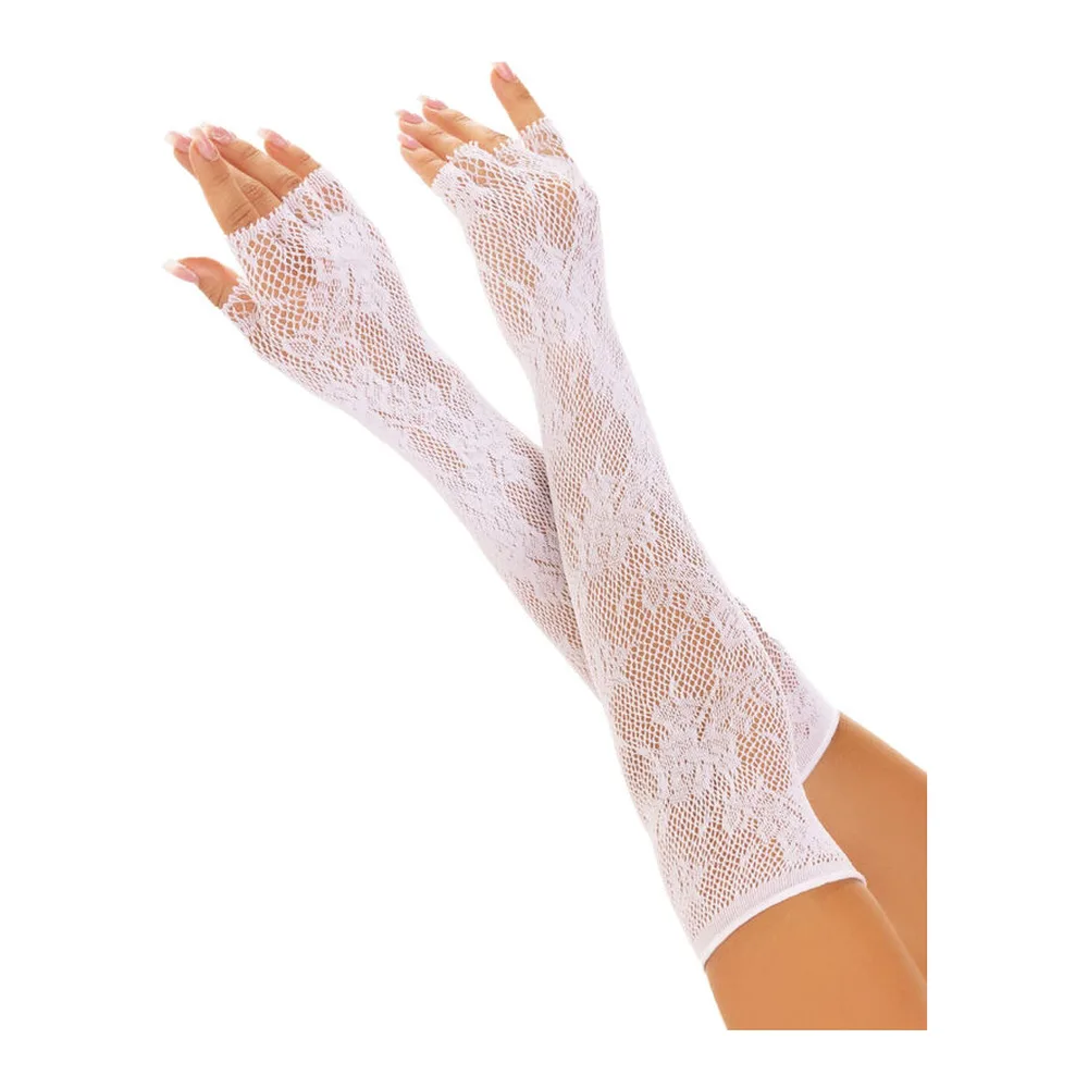 Gants sans doigts en résille noire avec motif floral, longueur opéra remontant jusqu'au coude, extensibles et ajourés