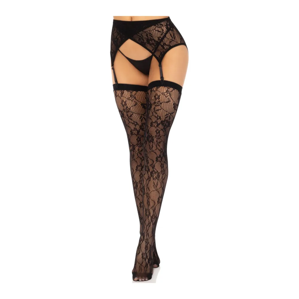 Cuisses en dentelle noire avec jarretelles intégrées, ceinture ajourée et bandes élastiques noires, vue de face sur fond blanc