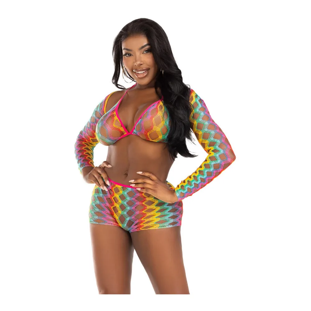 Ensemble trois pièces multicolore composé d'un soutien-gorge à armatures, d'un short et de manches longues, motif géométrique dégradé rose, jaune, bleu et vert sur fond blanc