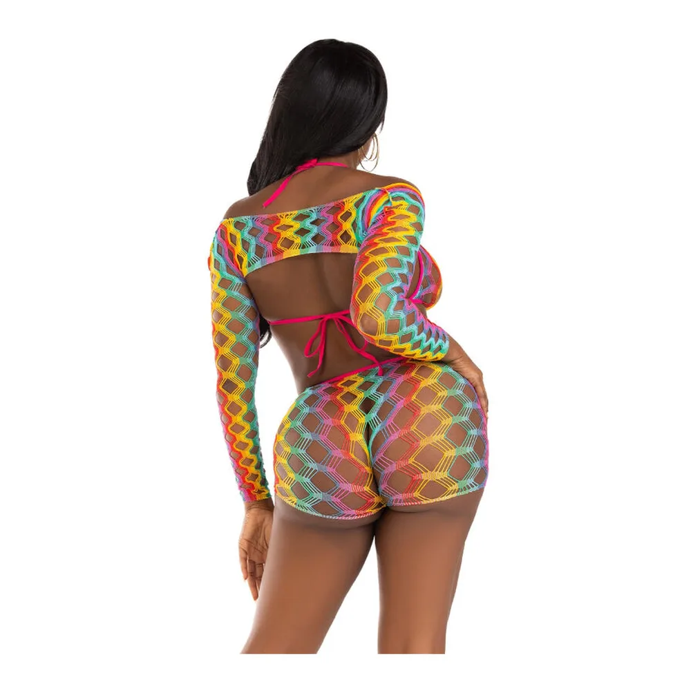 Ensemble trois pièces multicolore composé d'un soutien-gorge à armatures, d'un short et de manches longues, motif géométrique dégradé rose, jaune, bleu et vert sur fond blanc