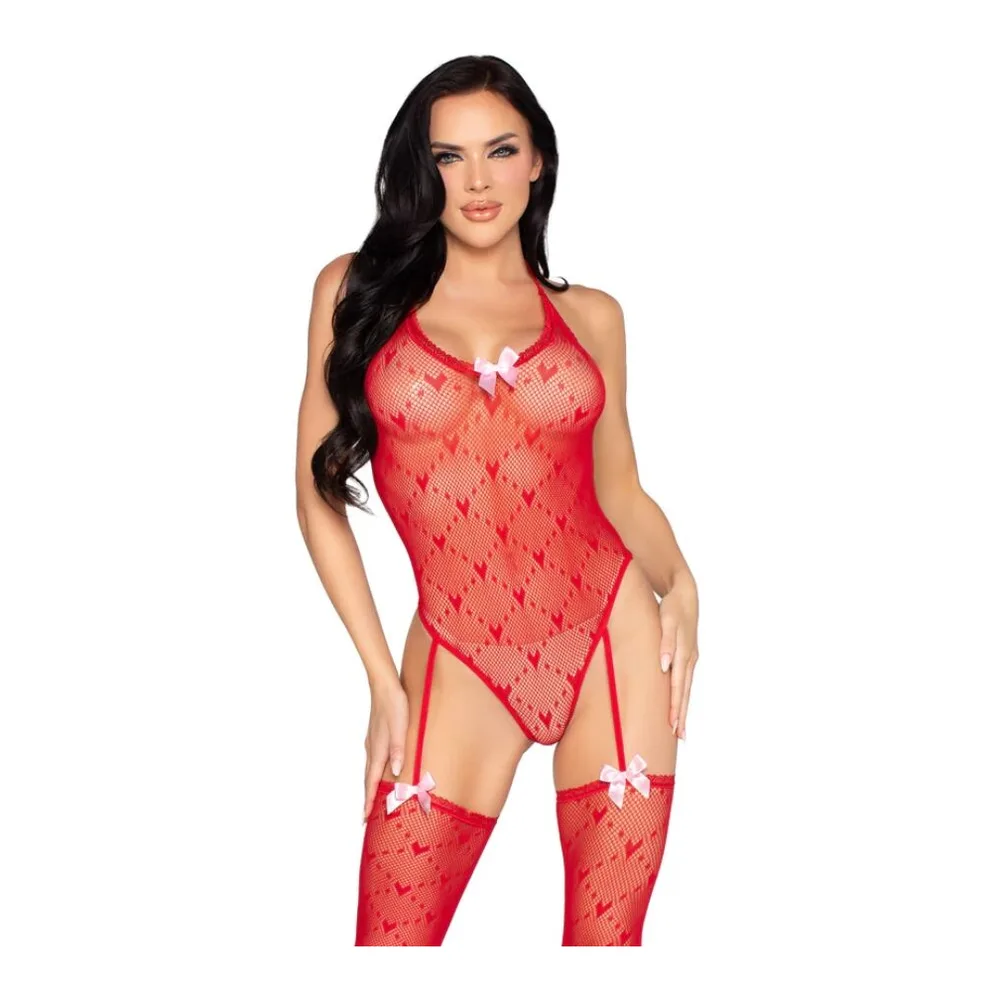 Body rouge en résille à motif de cœurs, dos ouvert, avec porte-jarretelles intégré et bas assortis, fermoirs blancs