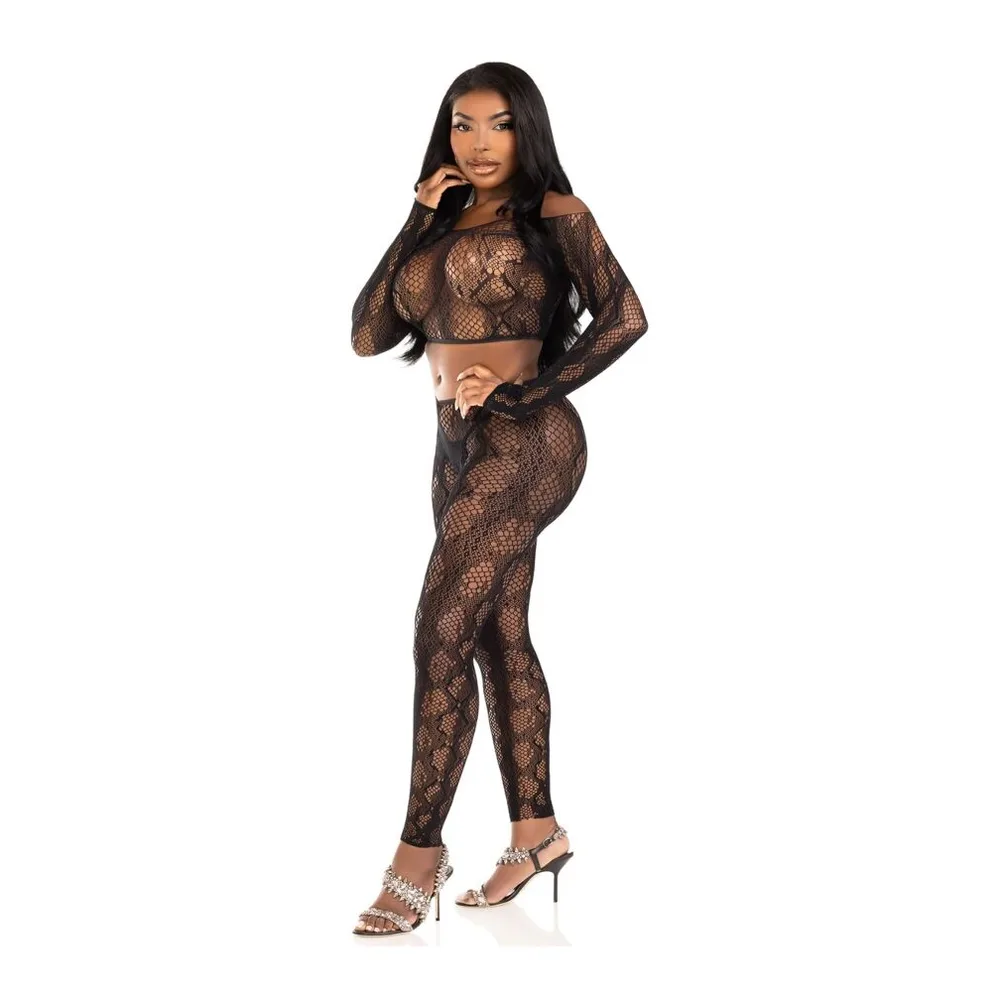 Ensemble deux-pièces en dentelle noire à motif serpent : top court manches longues et legging sans pied, porté de dos sur fond blanc
