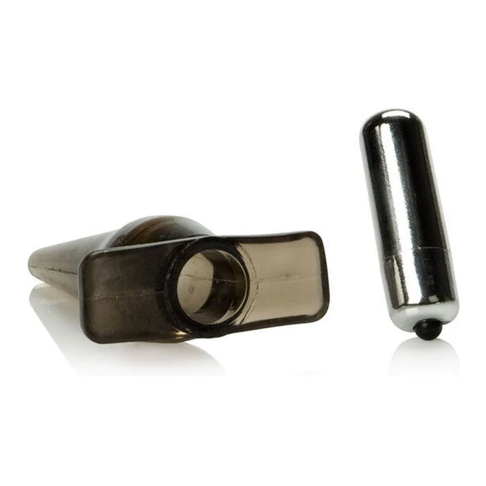 Mini plug anal transparent avec base noire et ogive vibrante amovible, accompagné d'une mini batterie cylindrique chromée sur fond blanc