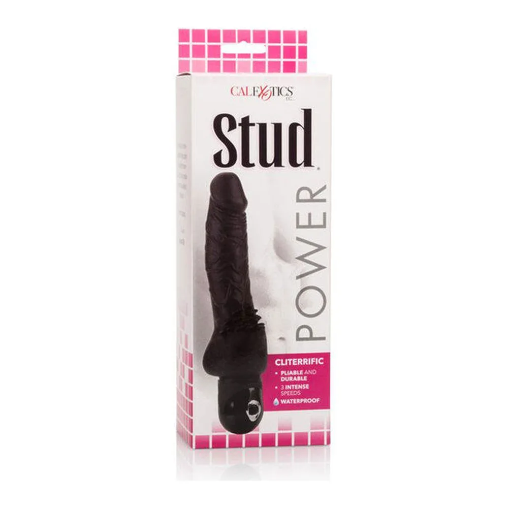 Vibromasseur noir en silicone avec tige veinée et flexible, base arrondie ornée de picots, bouton de commande chromé à la base, sur fond blanc