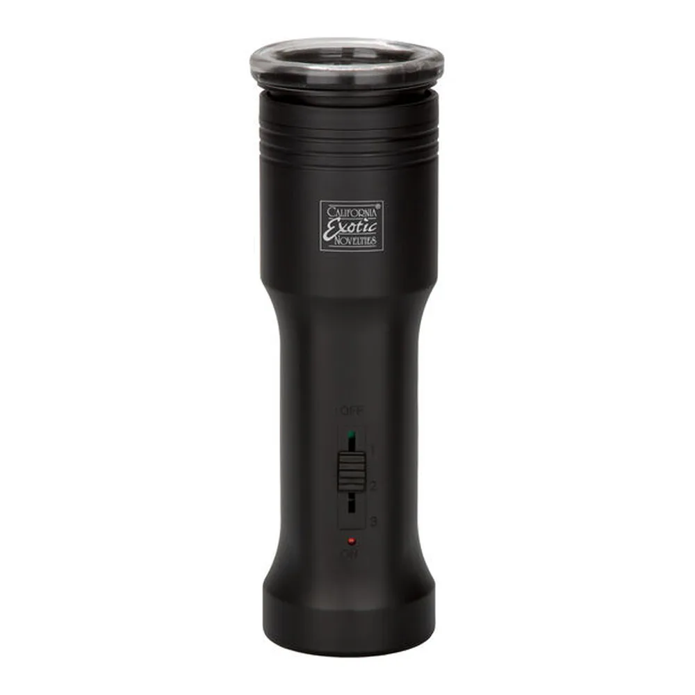 Masturbateur automatique noir avec corps cylindrique rainuré, manchon amovible au sommet, boutons de contrôle et voyant lumineux sur le corps, télécommande fournie, sur fond blanc