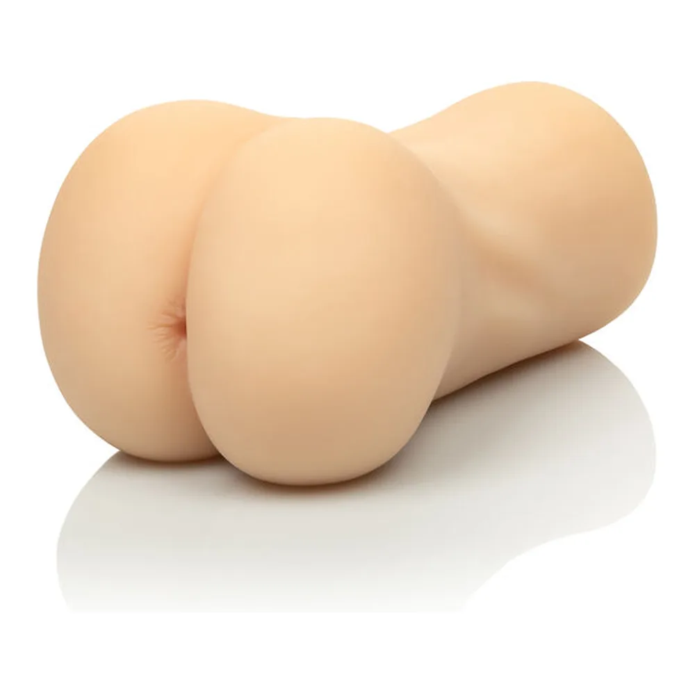 Emballage du masturbateur Stroke Ass de Calextics, boîte noire avec photo noir et blanc et visuel du produit en silicone couleur chair