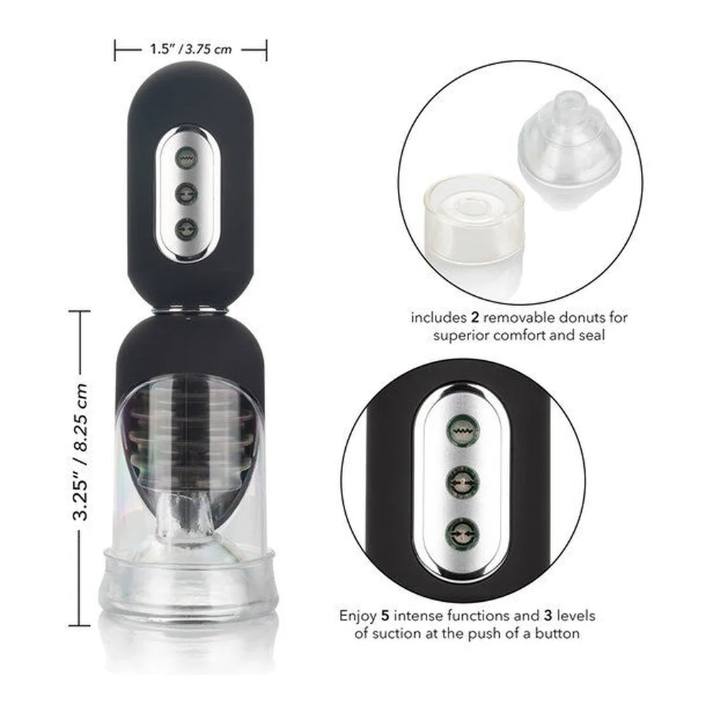 Pompe à pénis automatique noire et transparente avec cylindre adapté au gland, trois boutons de commande visibles, accompagnée de son gobelet de rangement