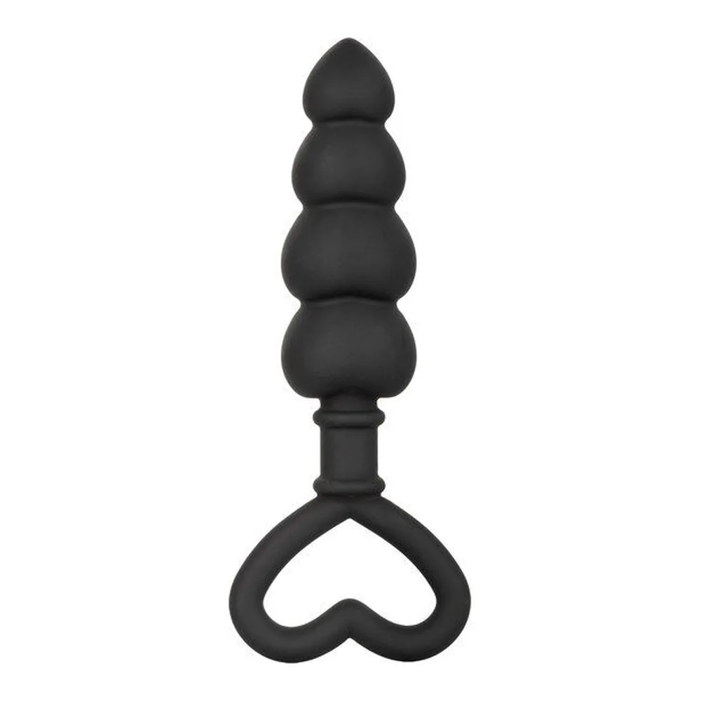 Sonde anale en silicone noir avec renflements progressifs et anneau de retrait en forme de cœur, sur fond blanc