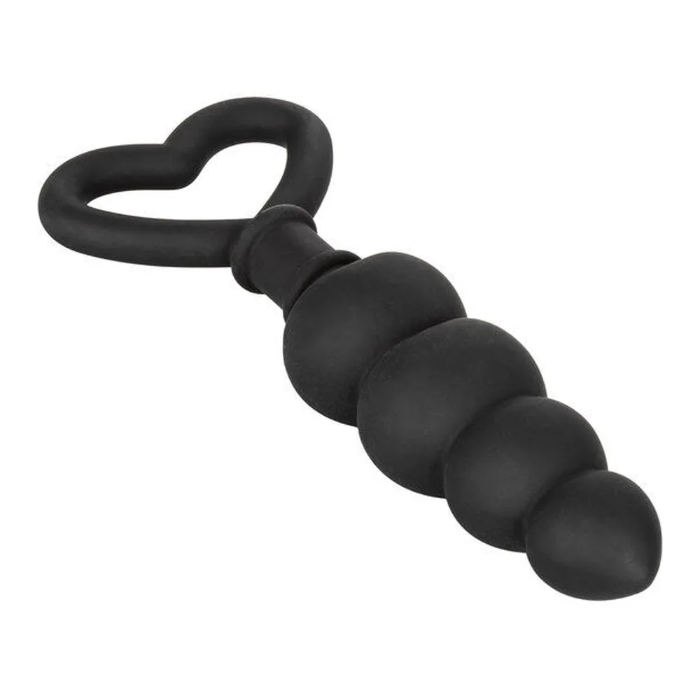 Sonde anale en silicone noir avec renflements progressifs et anneau de retrait en forme de cœur, sur fond blanc