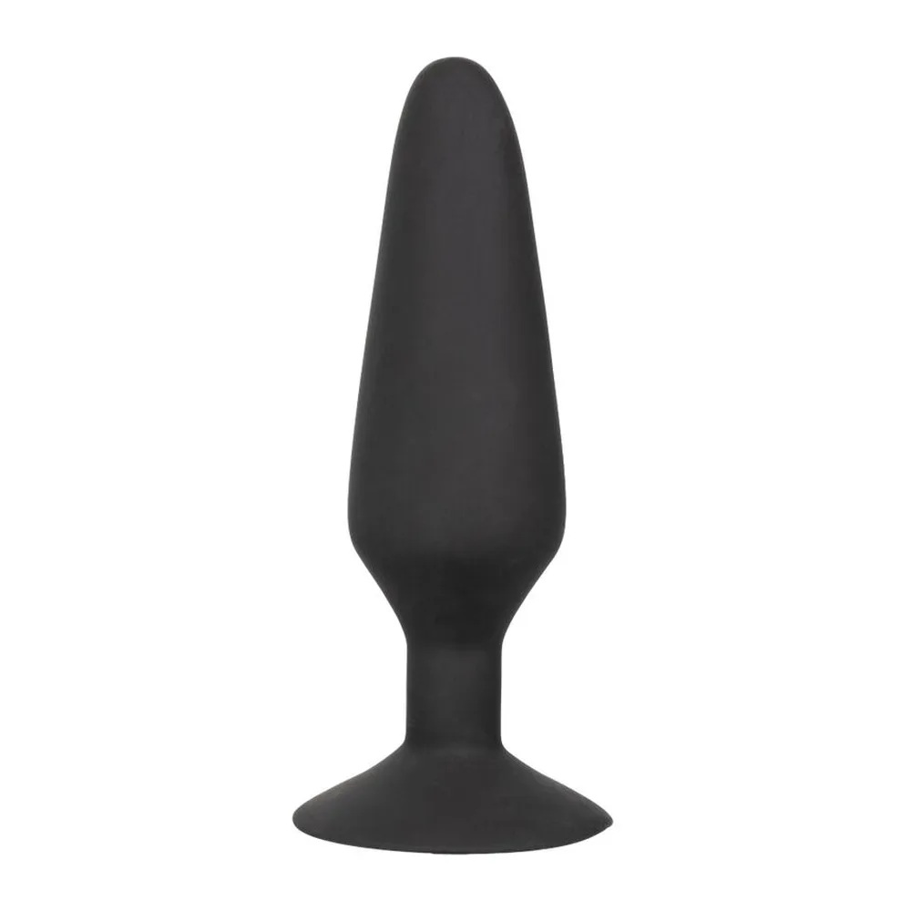 Plug anal en silicone noir, forme épaulée allongée avec base évasée circulaire, vue de profil sur fond blanc