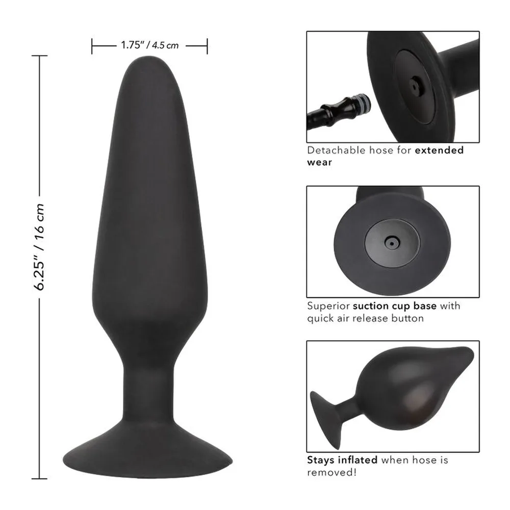Plug anal en silicone noir, forme épaulée allongée avec base évasée circulaire, vue de profil sur fond blanc