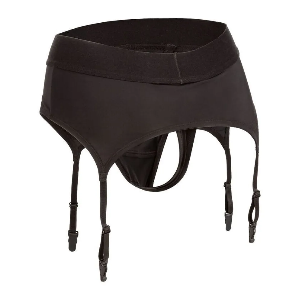 Harnais string noir en tissu avec ceinture large, dos ouvert, quatre jarretelles ajustables munies de crochets, et anneau renforcé à l'entrejambe sur fond blanc