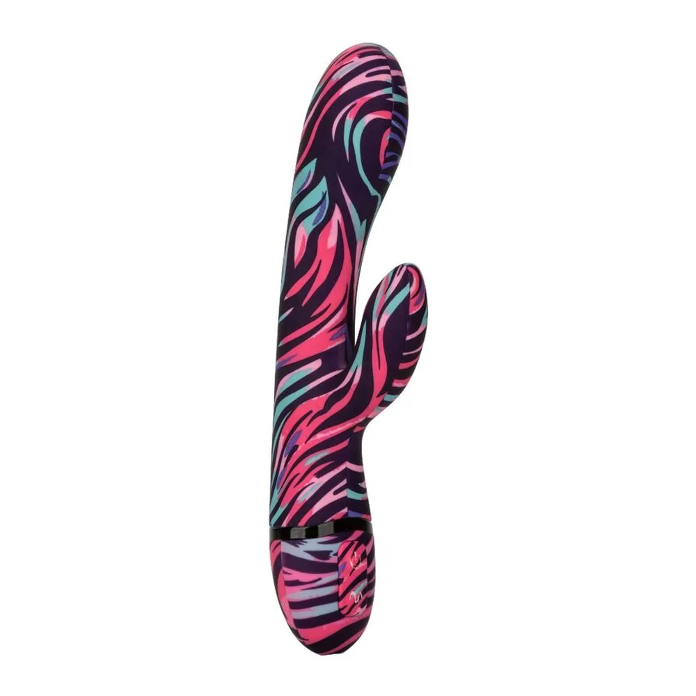 Vibromasseur rabbit silicone rose violet motifs zébrés rechargeable, autre vue 4