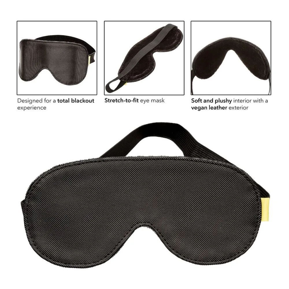 Masque pour les yeux noir en cuir vegan avec intérieur en tissu doux et coussinets moulés, accompagné de trois détails montrant le design, la sangle extensible et la structure interne
