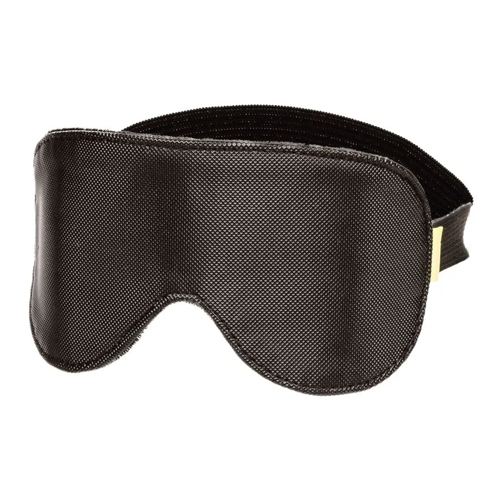 Masque pour les yeux noir en cuir vegan avec intérieur en tissu doux et coussinets moulés, accompagné de trois détails montrant le design, la sangle extensible et la structure interne