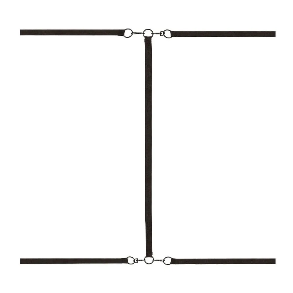 Ensemble de quatre sangles noires en cuir vegan avec manchettes rembourrées et boucles de fixation, disposées pour montrer les composants individuels et les courroies d'attache