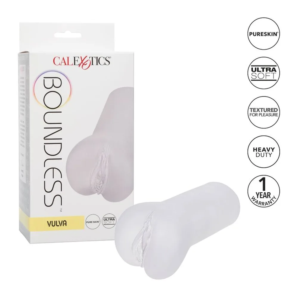 Emballage et masturbateur Boundless Vulva blanc translucide de la marque Calexotics, forme anatomique avec extrémité texturée, accompagné de pictogrammes indiquant Pureskin, ultra soft, textured et heavy duty