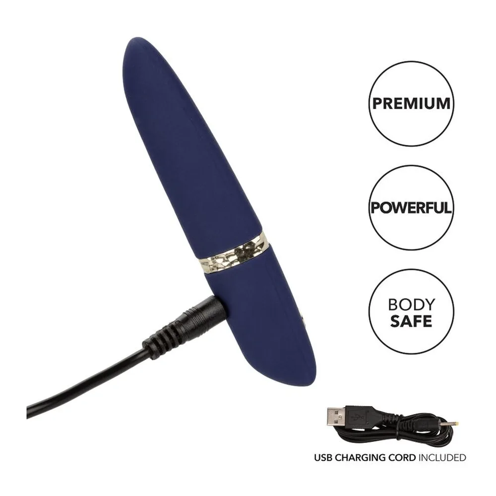 Emballage et vibromasseur Chic Daisy bleu marine avec anneau doré, de 10,75 cm, rechargeable USB, 10 vitrations, en silicone résistant à l'eau