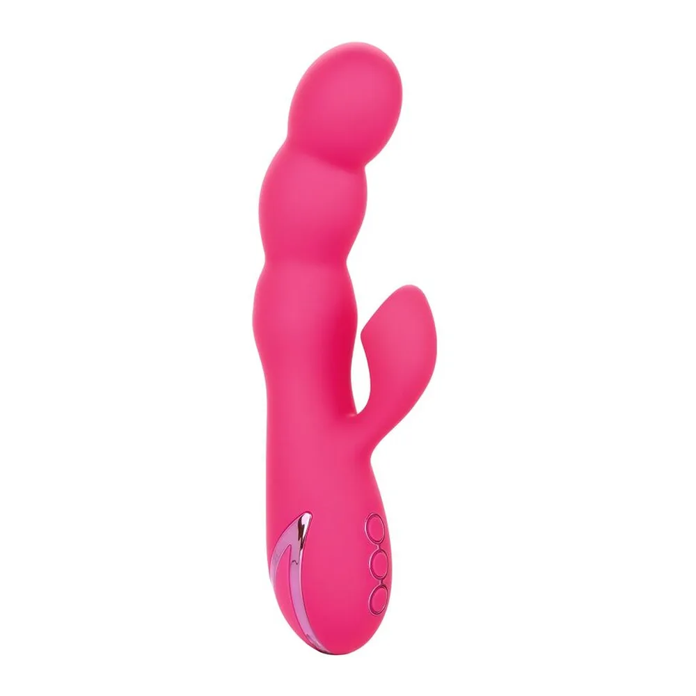 Vibromasseur rabbit rose vif en silicone avec trois perles sur la verge principale, bras externe stimulant et contrôles sur le côté, fond blanc