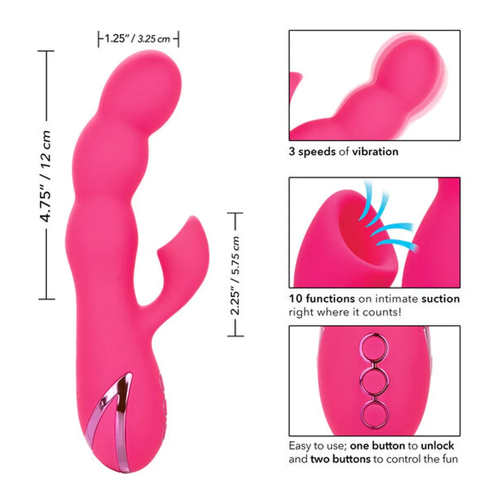 Vibromasseur rabbit rose vif en silicone avec trois perles sur la verge principale, bras externe stimulant et contrôles sur le côté, fond blanc