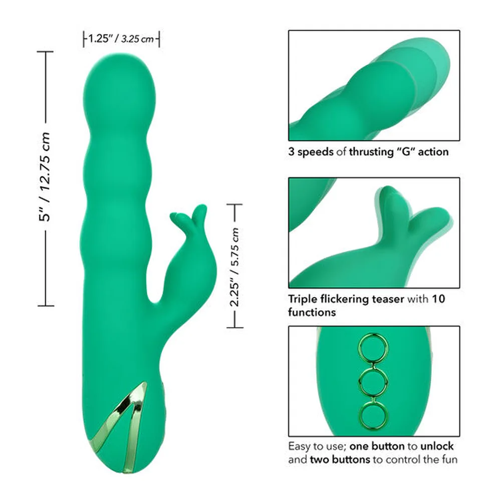 Vibromasseur rabbit en silicone turquoise avec tige segmentée, bras articulé figurant un lapin, et commandes tactiles à la base, sur fond blanc