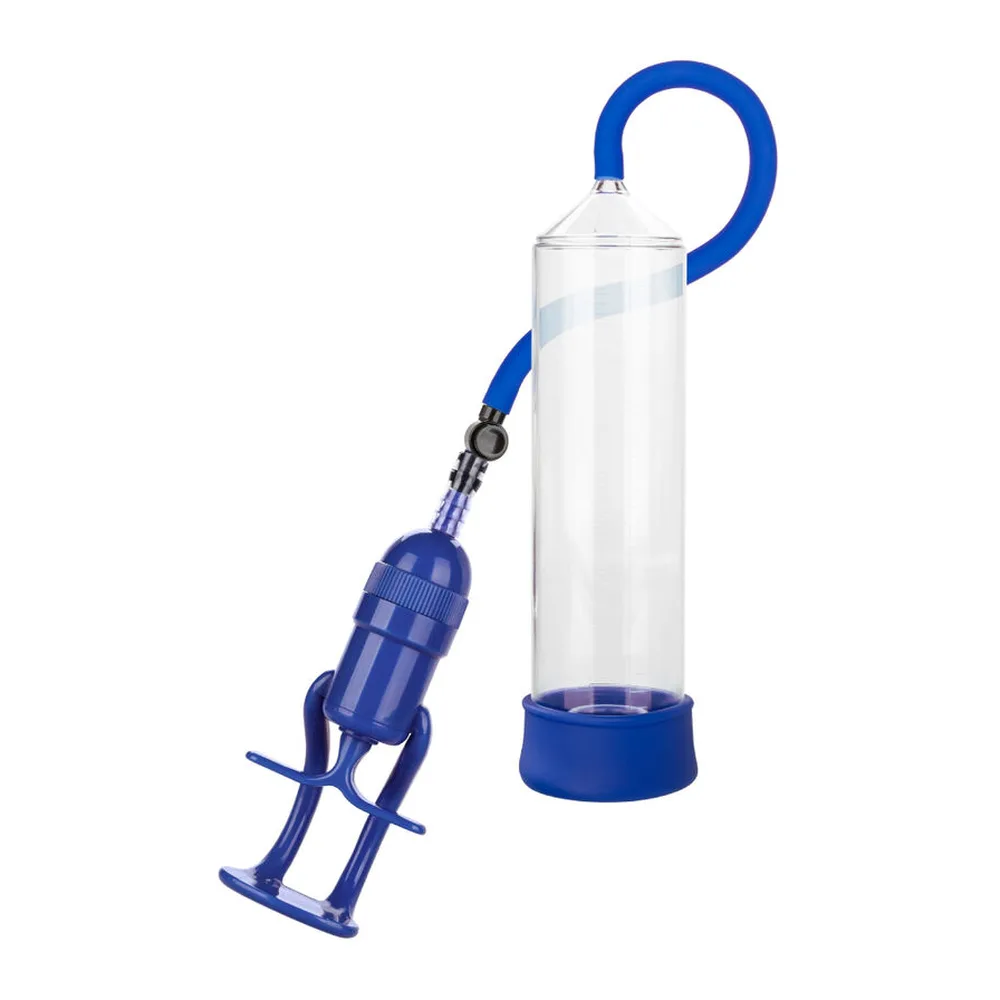 Pompe à pénis avec cylindre transparent, base large en silicone bleu et poignée courbe assorties, pompe manuelle bleue avec poignées d'appui latérales et tube connecteur