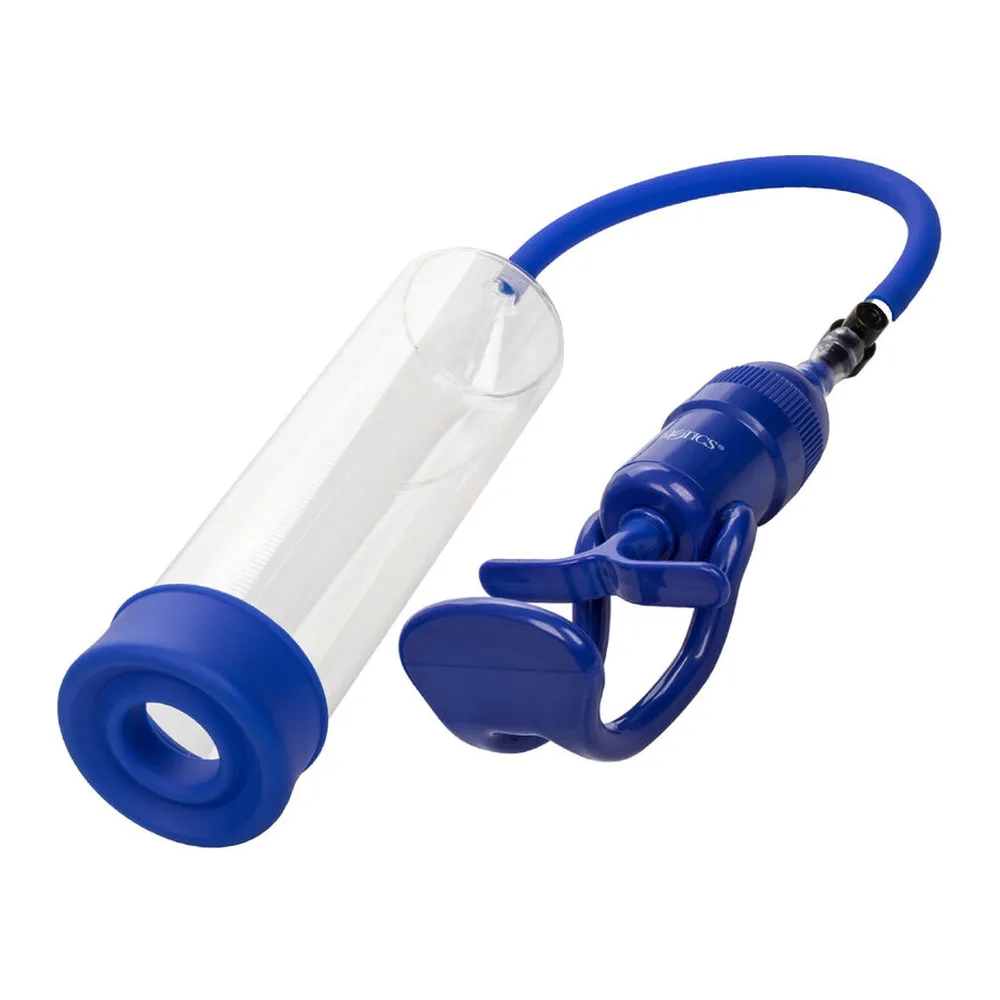 Pompe à pénis avec cylindre transparent, base large en silicone bleu et poignée courbe assorties, pompe manuelle bleue avec poignées d'appui latérales et tube connecteur