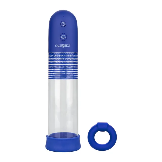 Pompe à pénis automatique bleu et transparent avec boutons de contrôle, bande texturée au centre, accompagnée d'un anneau de silicone bleu