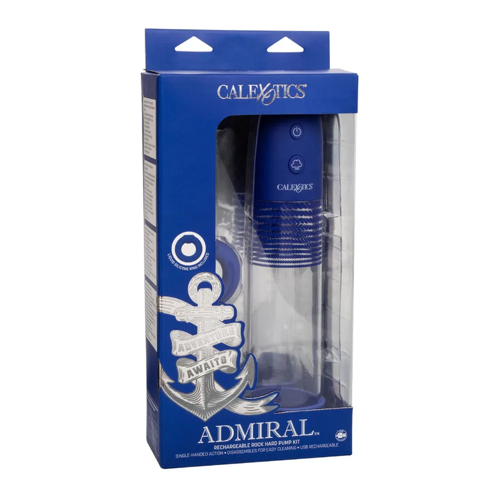 Pompe à pénis automatique bleu et transparent avec boutons de contrôle, bande texturée au centre, accompagnée d'un anneau de silicone bleu