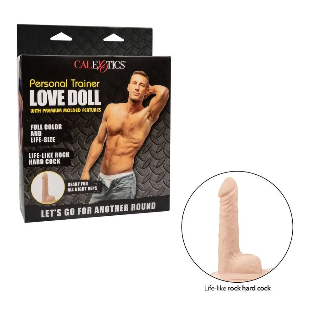 Emballage noir du Personal Trainer Love Doll de Caleétics montrant photo d'homme torse nu et illustration du pénis moulé en silicone chair