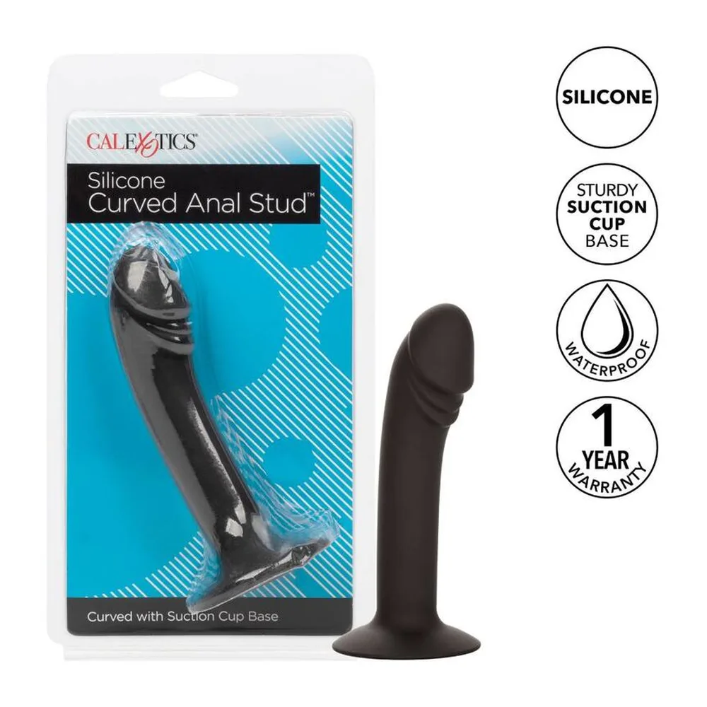 Gode anal incurvé en silicone noir avec tête arrondie proéminente et base ventouse, vue de profil sur fond blanc