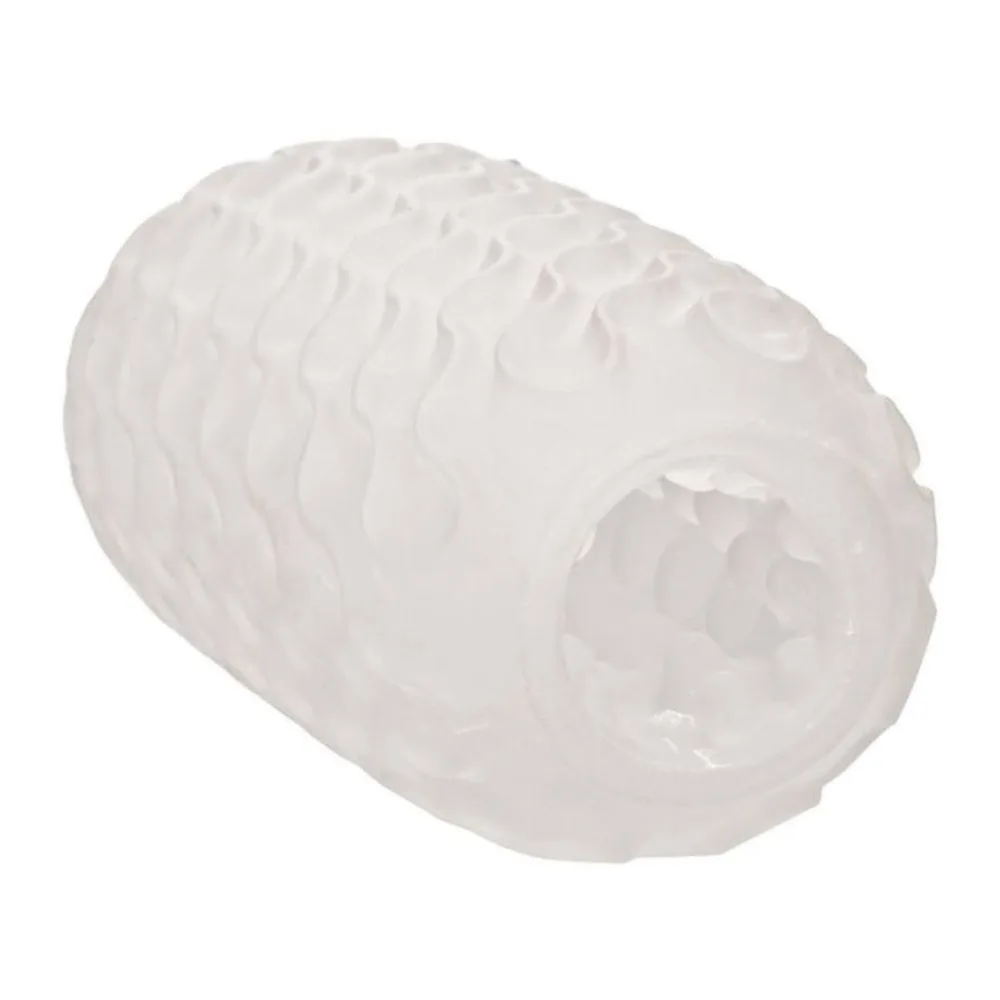 Manchon blanc en silicone translucide avec surface texturée de reliefs ondulés, forme ovale, ouverture visible sur le côté