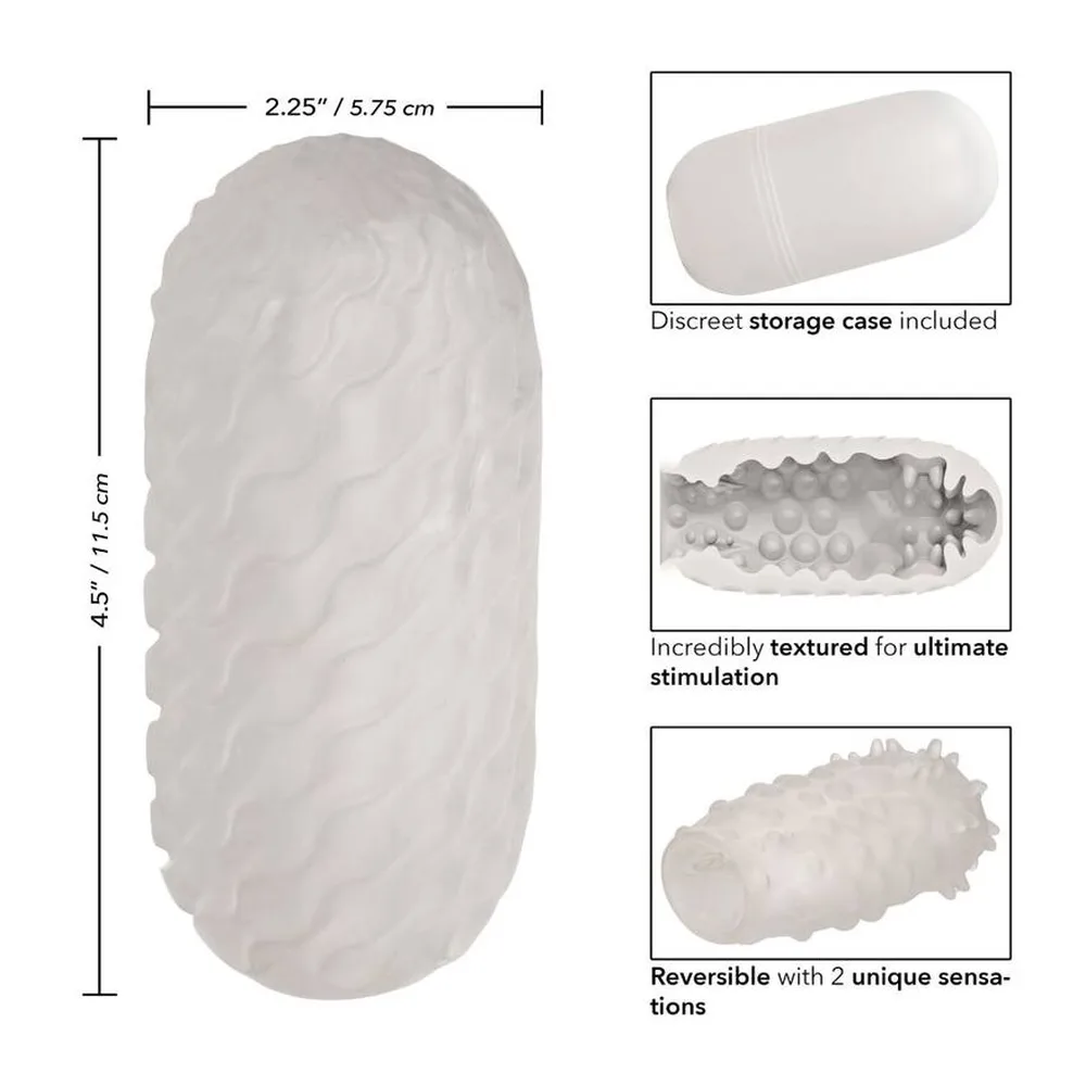 Manchon blanc en silicone translucide avec surface texturée de reliefs ondulés, forme ovale, ouverture visible sur le côté