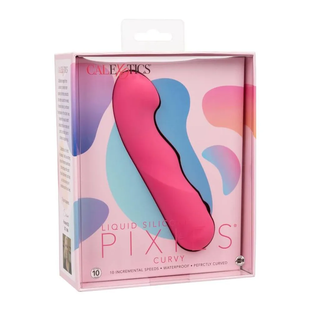 Vibromasseur rose en silicone, de forme incurvée avec une pointe arrondie et un corps ondulé, sur fond blanc