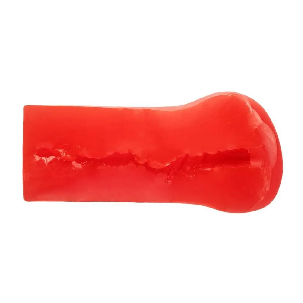 Masturbateur en silicone rouge corail, de forme ergonomique avec extrémité fermée textuelle, sur fond blanc