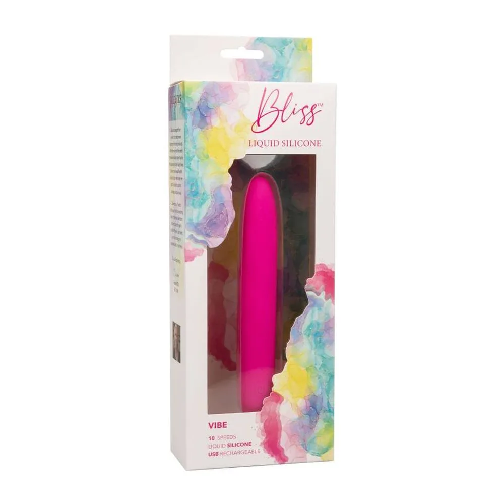 Vibromasseur Bliss Vibe en silicone rose vif, de forme allongée avec extrémité arrondie, sur fond blanc