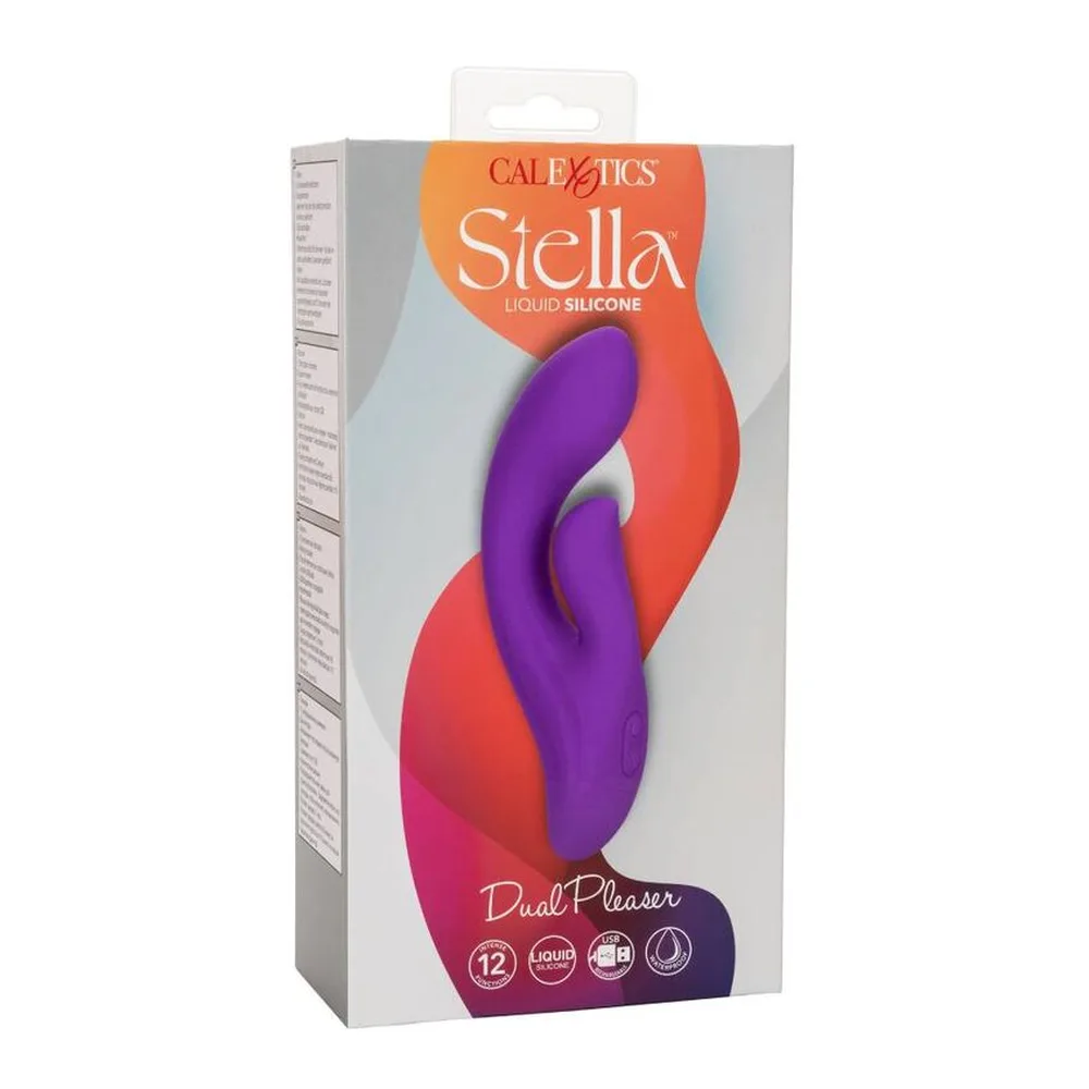Vibromasseur violet en silicone avec une tige courbe vers le haut et un bras externe recourbé, sur fond blanc
