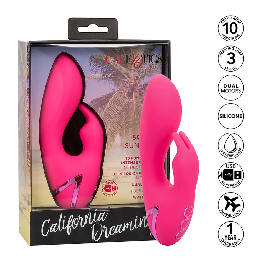 Vibromasseur rabbit rose fuchsia avec tige courte, deux stimulateurs externes en relief, boutons de contrôle sur la base, fond blanc