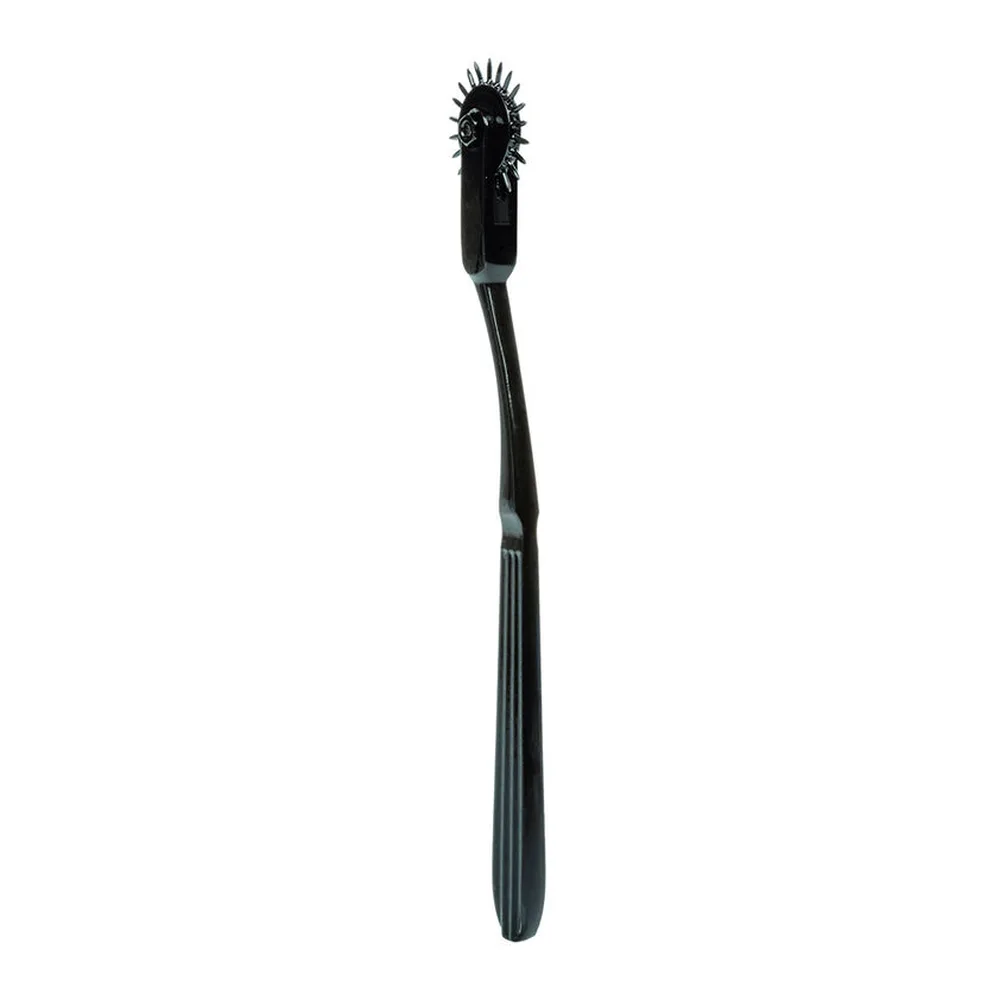 Roue de Wartenberg à 22 pointes métalliques en gris foncé, manche noir strié, tenue en main montrant les proportions et la prise