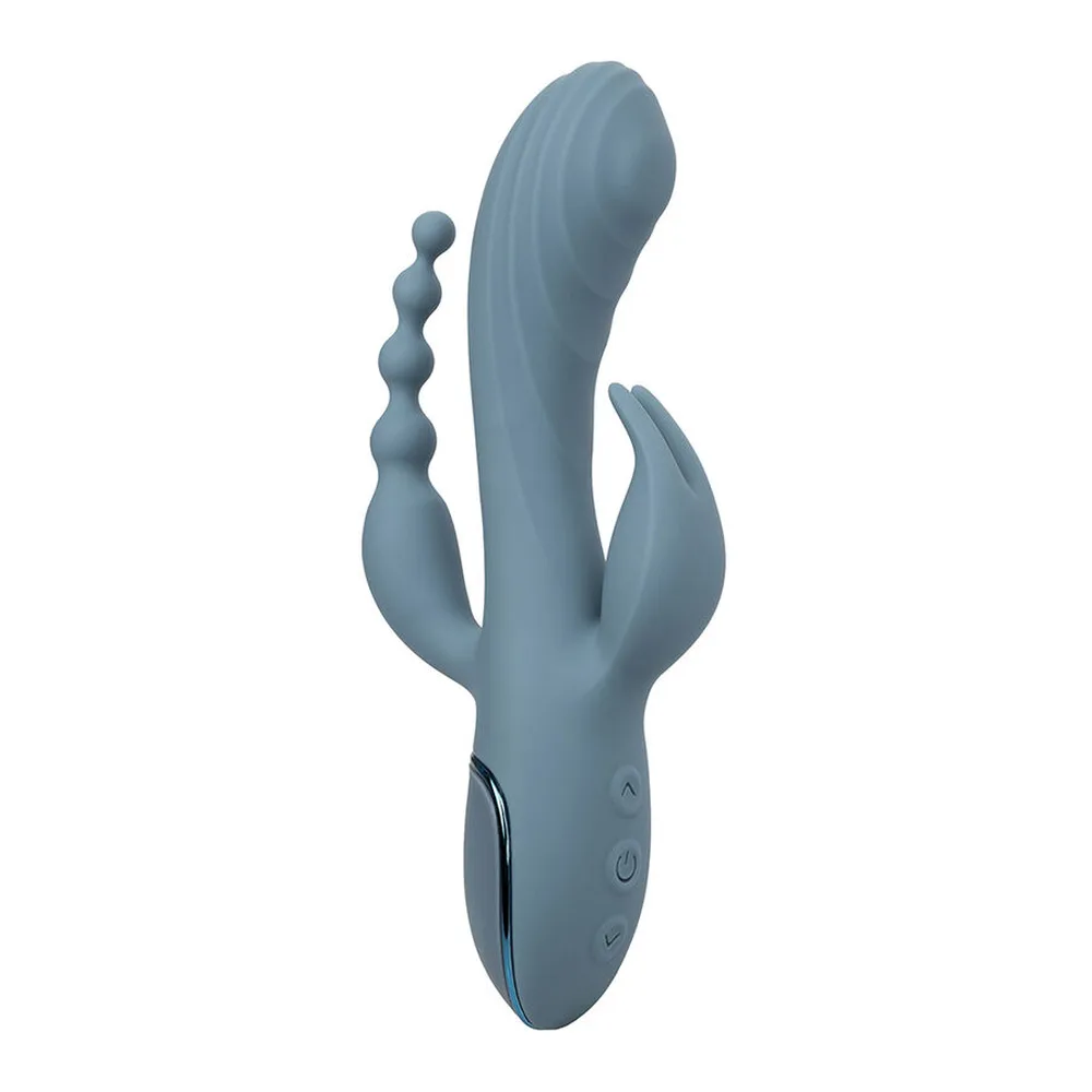 Vibromasseur rabbit bleu grisé avec trois branches : une centrale courbe, deux latérales, et perles anales, boutons de commande en bas, fond blanc