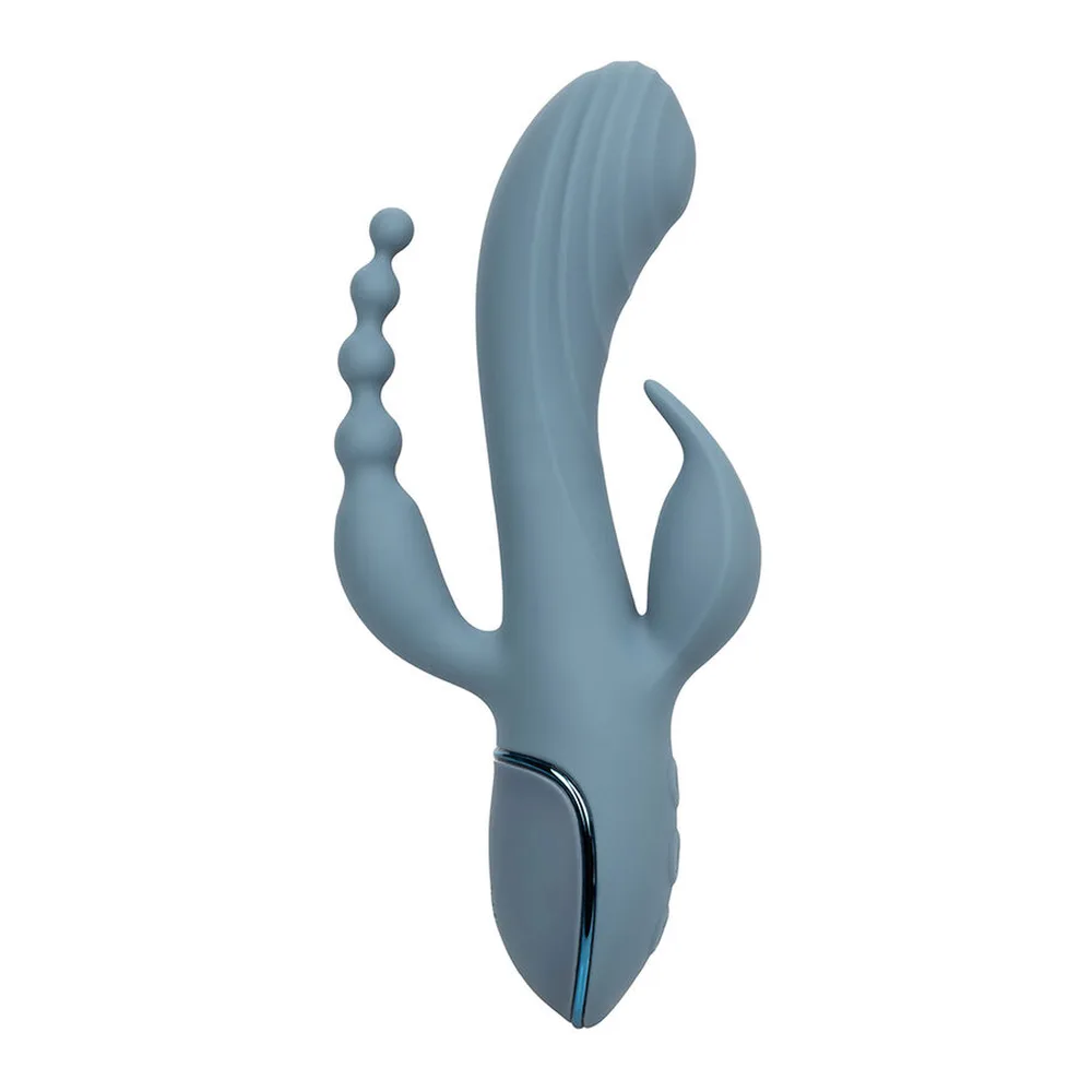 Vibromasseur rabbit bleu grisé avec trois branches : une centrale courbe, deux latérales, et perles anales, boutons de commande en bas, fond blanc