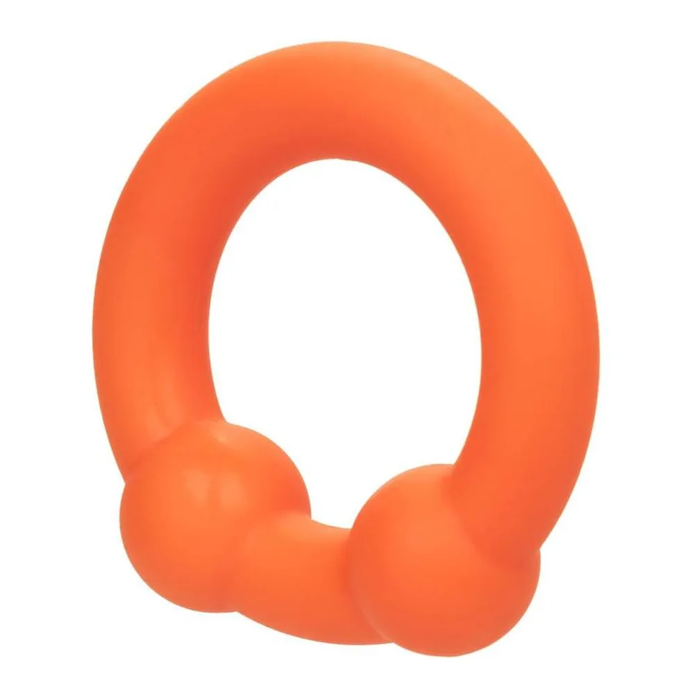 Anneau large en silicone liquide orange avec deux billes arrondies à la base, sur fond blanc