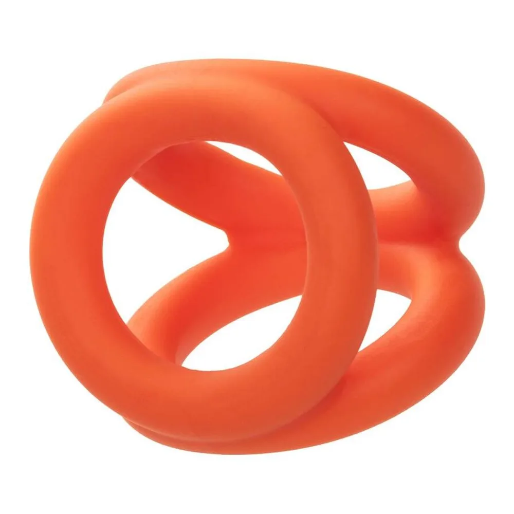 Cockring Alpha Tri-Anneau en silicone orange, trois anneaux moulés d'une seule pièce avec zones de relief, sur fond blanc