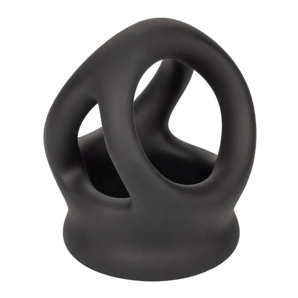 Cockring en silicone noir souple avec structure annulaire double, conçu pour enserrer le pénis et les testicules, présenté sur fond blanc