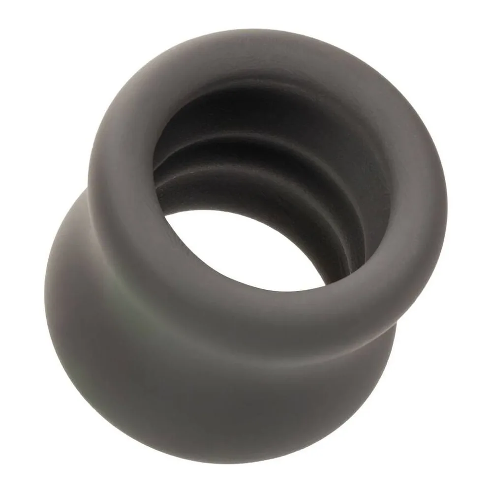 Anneau cockring gris en silicone liquide, vue de face avec dimension de 1,25 pouces, accompagné de schémas montrant sa conception extensible et imperméable