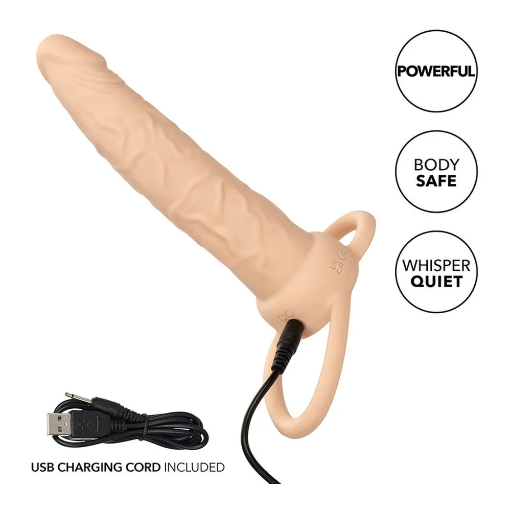 Gode double en silicone beige clair avec anneau de préhension, connecté à un câble USB noir, accompagné de ses modes de fonctionnement et certifications