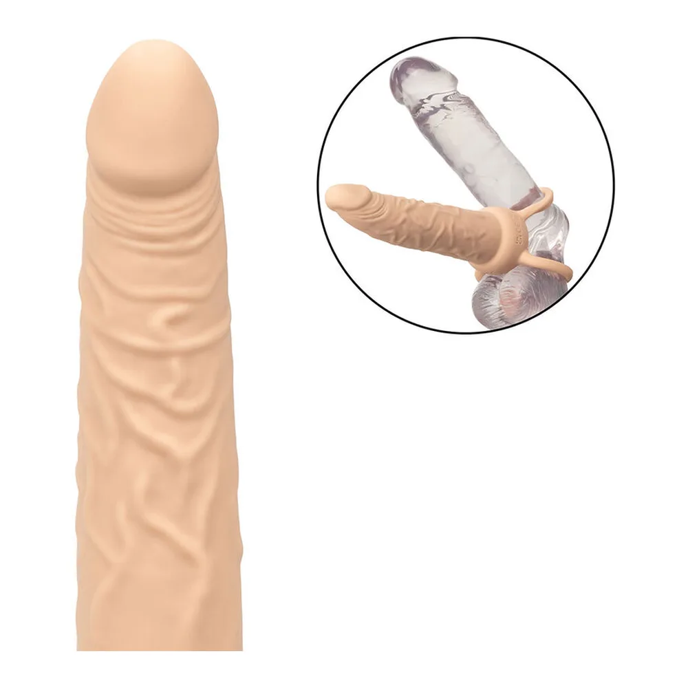Gode double en silicone beige clair avec anneau de préhension, connecté à un câble USB noir, accompagné de ses modes de fonctionnement et certifications